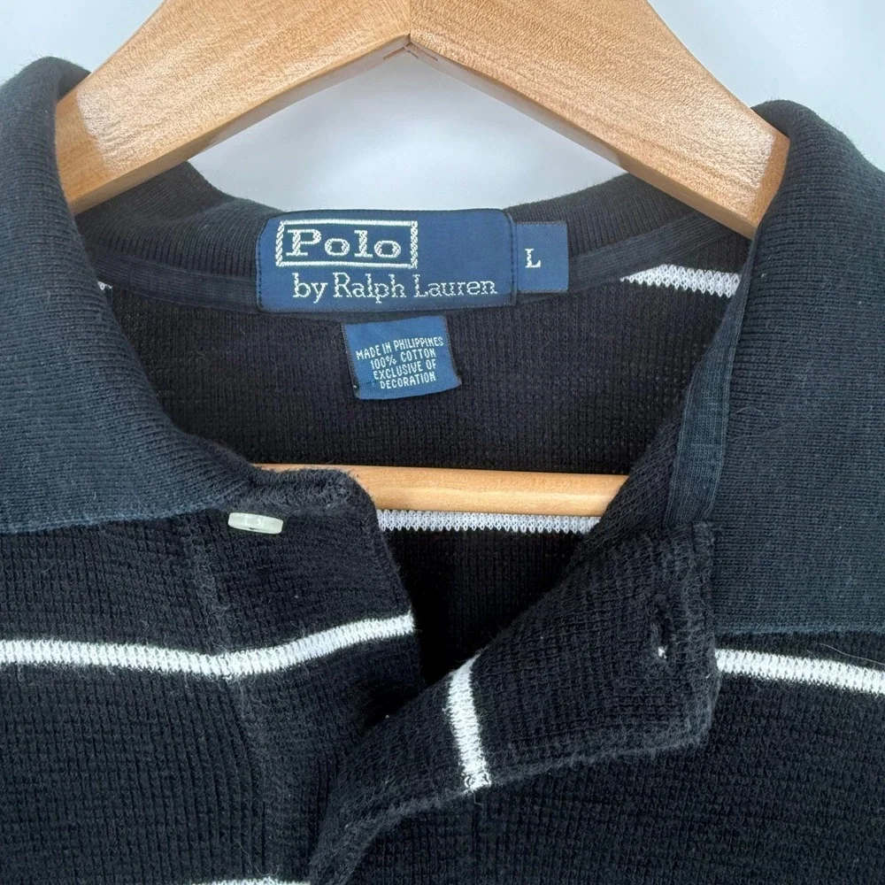 Polo Ralph Lauren Men Large Polo Shirt Striped Tight Waffle Knit Golf Preppy 90s
